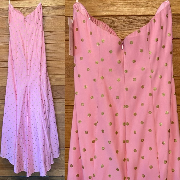 Jovani NWT Y2K pink gold polka dot strapless train gown prom dress - Picture 2 of 8